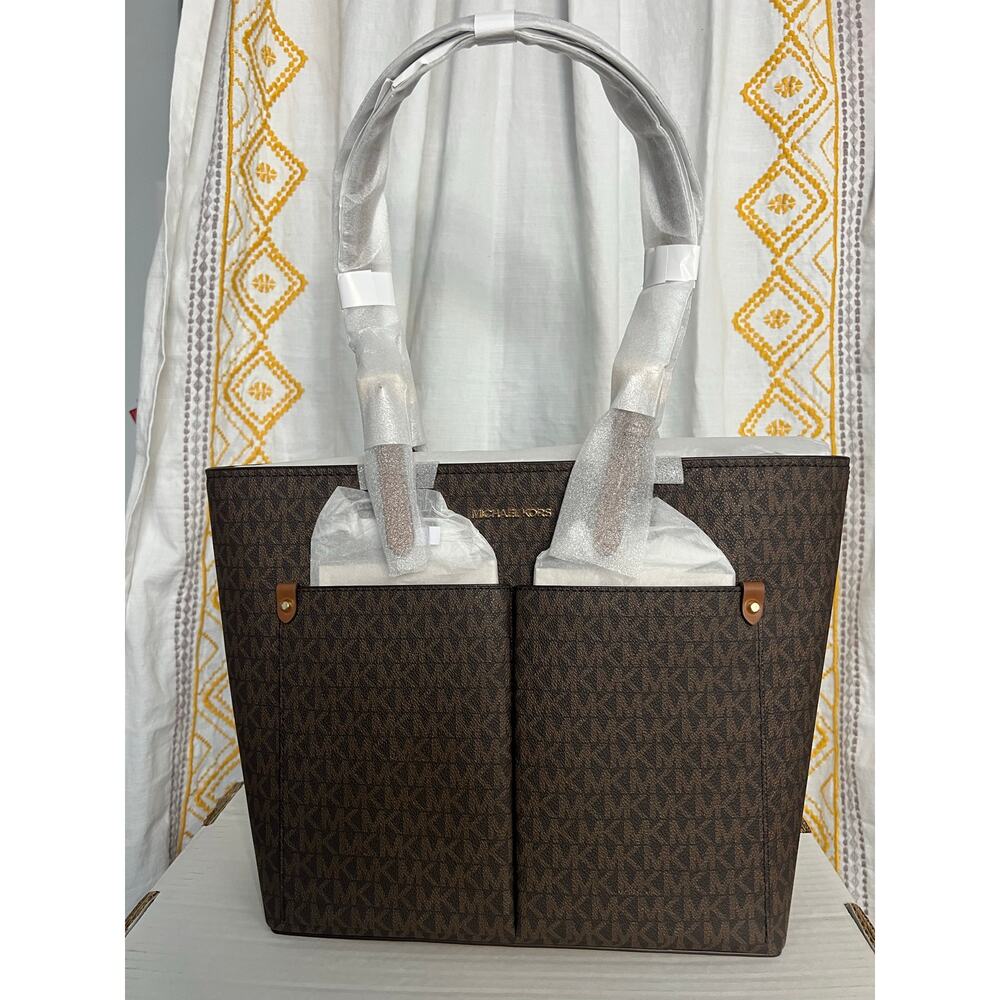Michael Kors Womens Jet Set Travel Medium Double Pocket Tote Brown